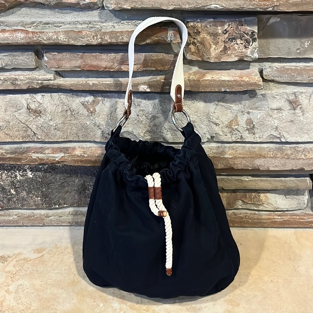 American Eagle Outfitters Navy Canvas Drawstring Shoulder Bag with Cream Strap
